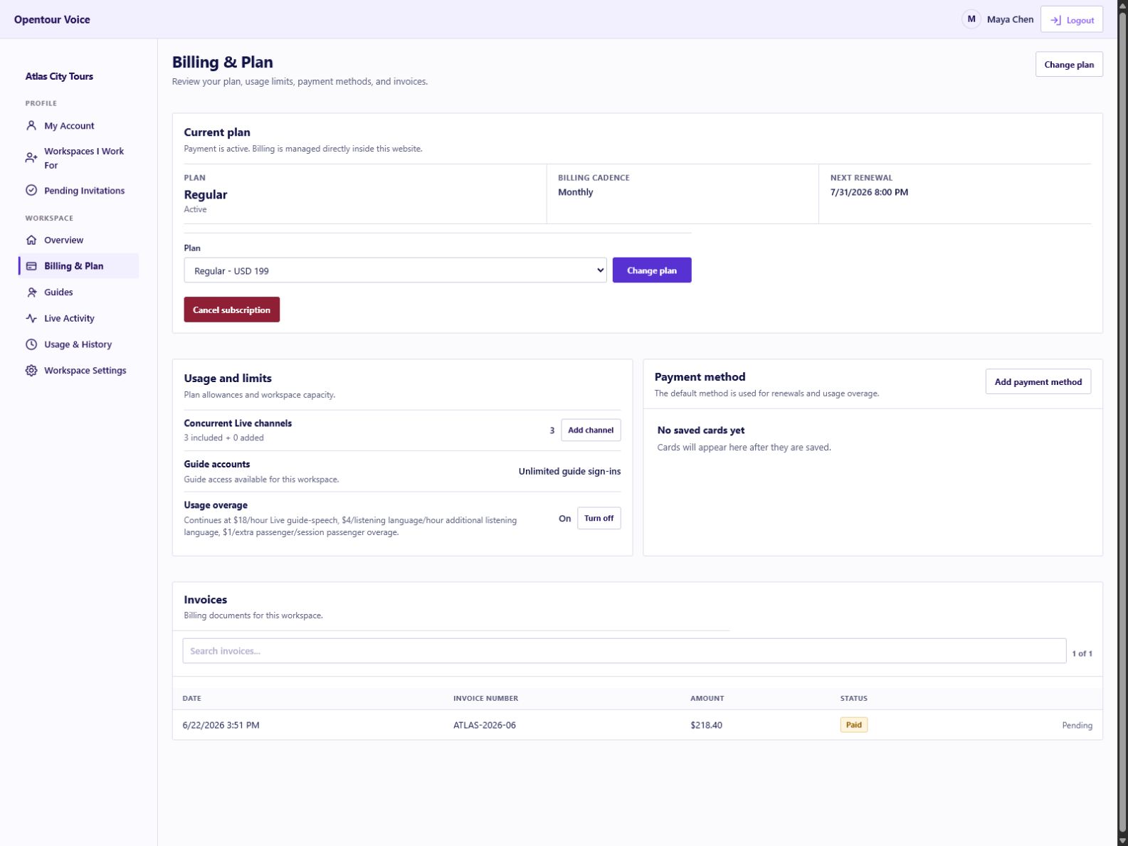 Opentour Voice Dashboard billing plan, limits, payment method, and invoice controls