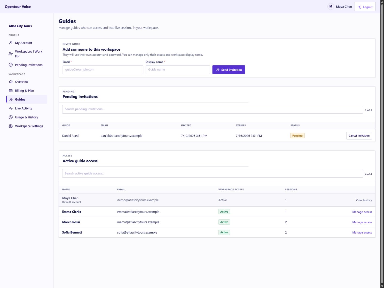 Opentour Voice Dashboard guide invitations and active guide access