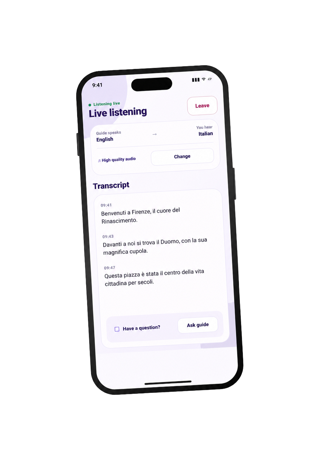 Passenger live listening screen with translated transcript