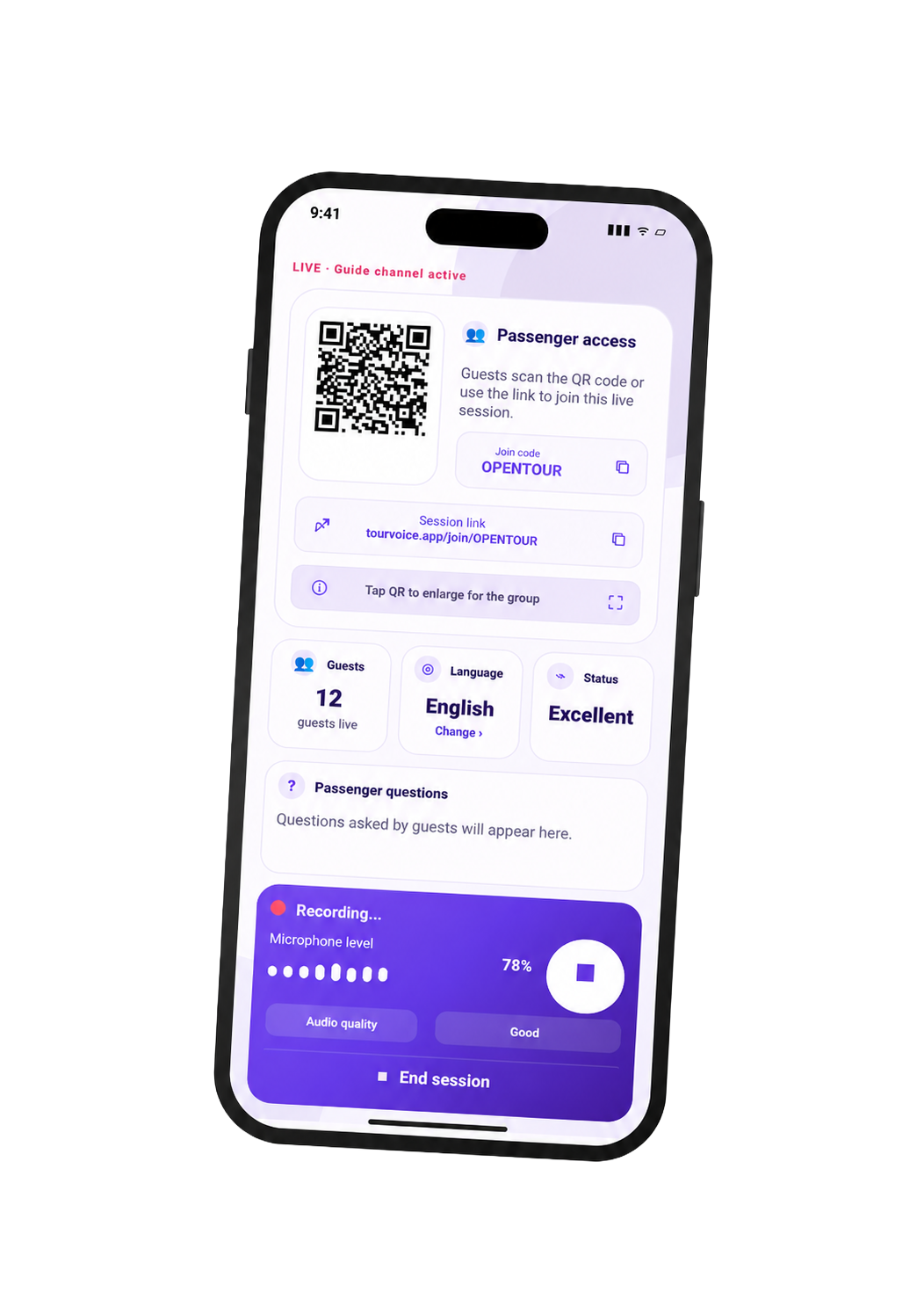 Tour guide live session screen with QR code and recording controls