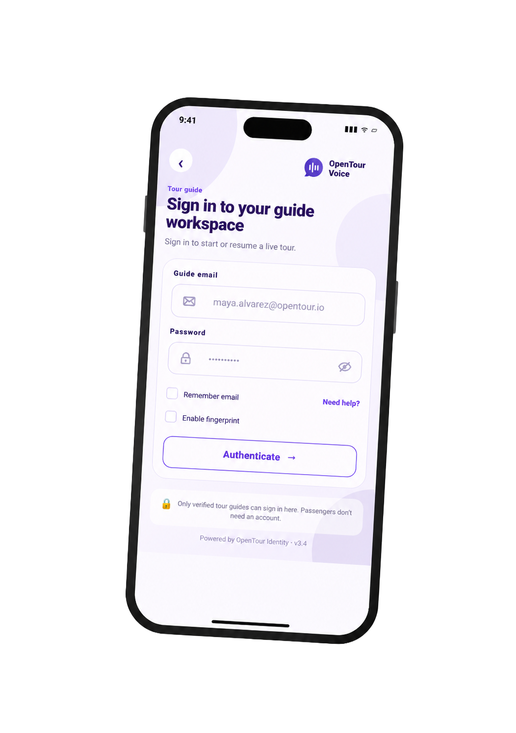 Tour guide login screen in the Opentour Voice app